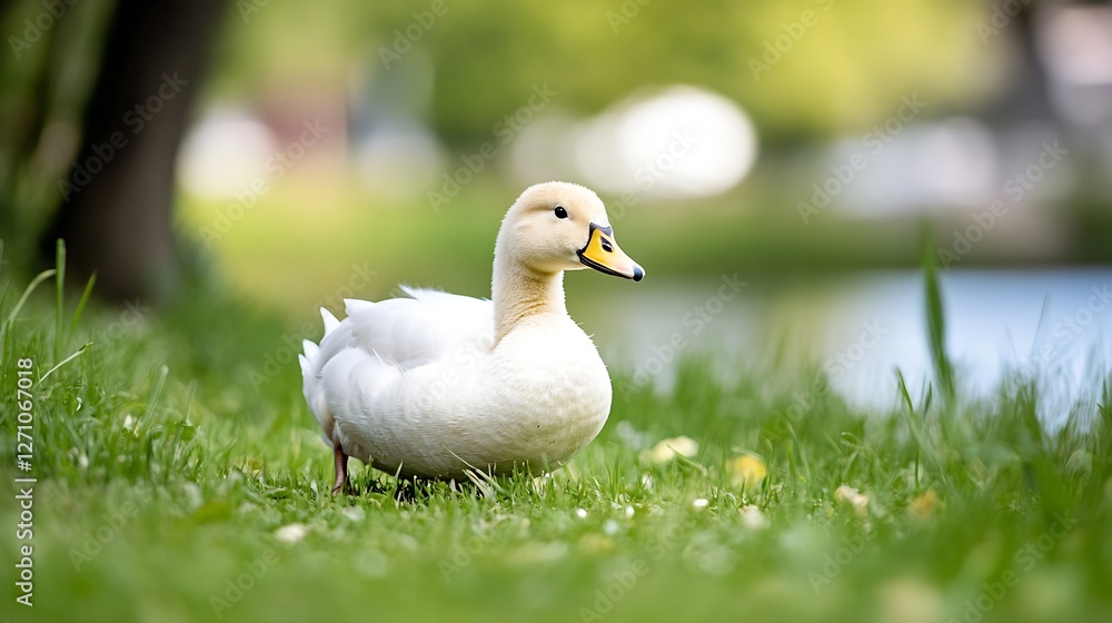 Adorable white duck standing gracefully on green grass near a pond basking in the sunlight : Generative AI Adorable white duck standing gracefully on green grass near a pond basking in the sunlight : Generative AI