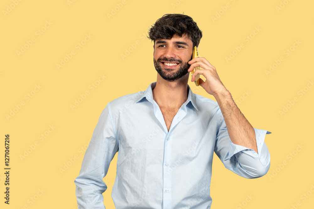 Young businessman smiling while talking on smartphone on yellow background Young businessman smiling while talking on smartphone on yellow background