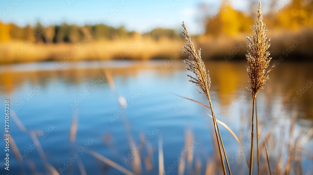 Close up of golden grass by a serene blue lake surrounded by colorful autumn trees : Generative AI Close up of golden grass by a serene blue lake surrounded by colorful autumn trees : Generative AI