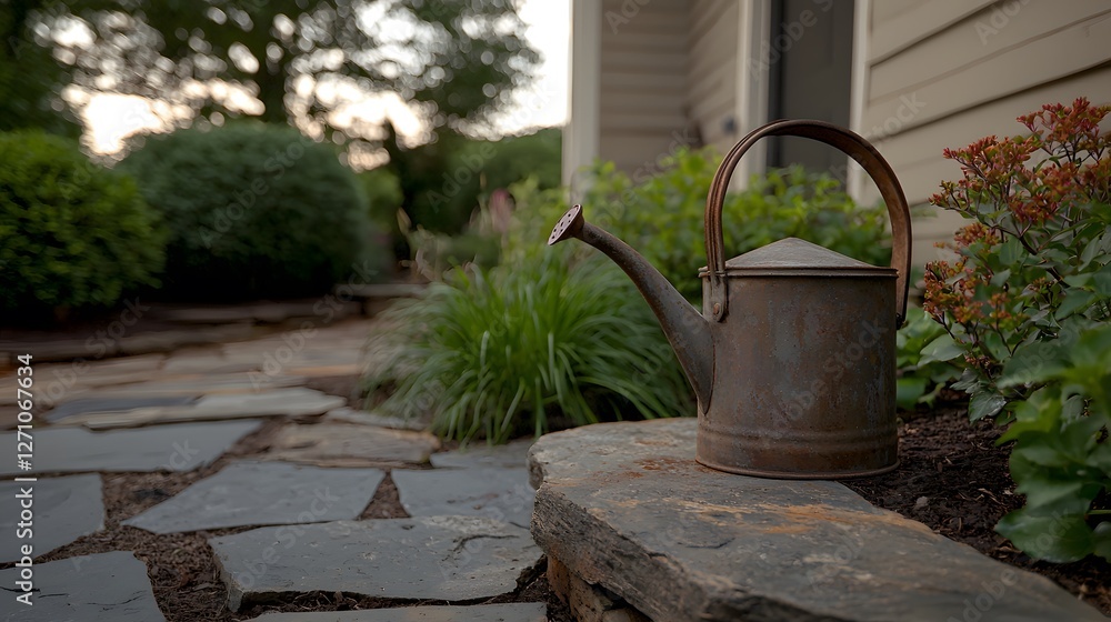 Rustic antique watering can with elegant curves and delicate patina, Generative AI Rustic antique watering can with elegant curves and delicate patina, Generative AI