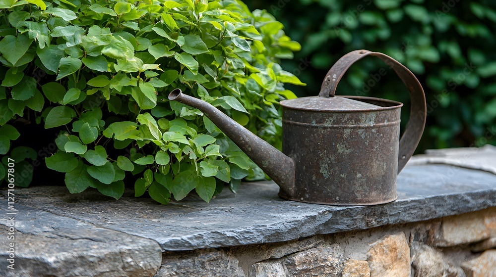 Rustic antique watering can with elegant curves and delicate patina, Generative AI Rustic antique watering can with elegant curves and delicate patina, Generative AI