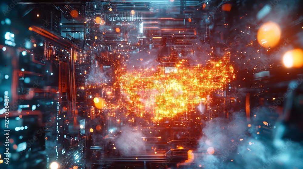 Naklejka premium Digital Genesis: An Explosive Visualization of Data Emergence or System Activation, Featuring Bright Orange Light Bursting Forth from a Complex Network of Wires and Circuits, Symbolizing Technologica