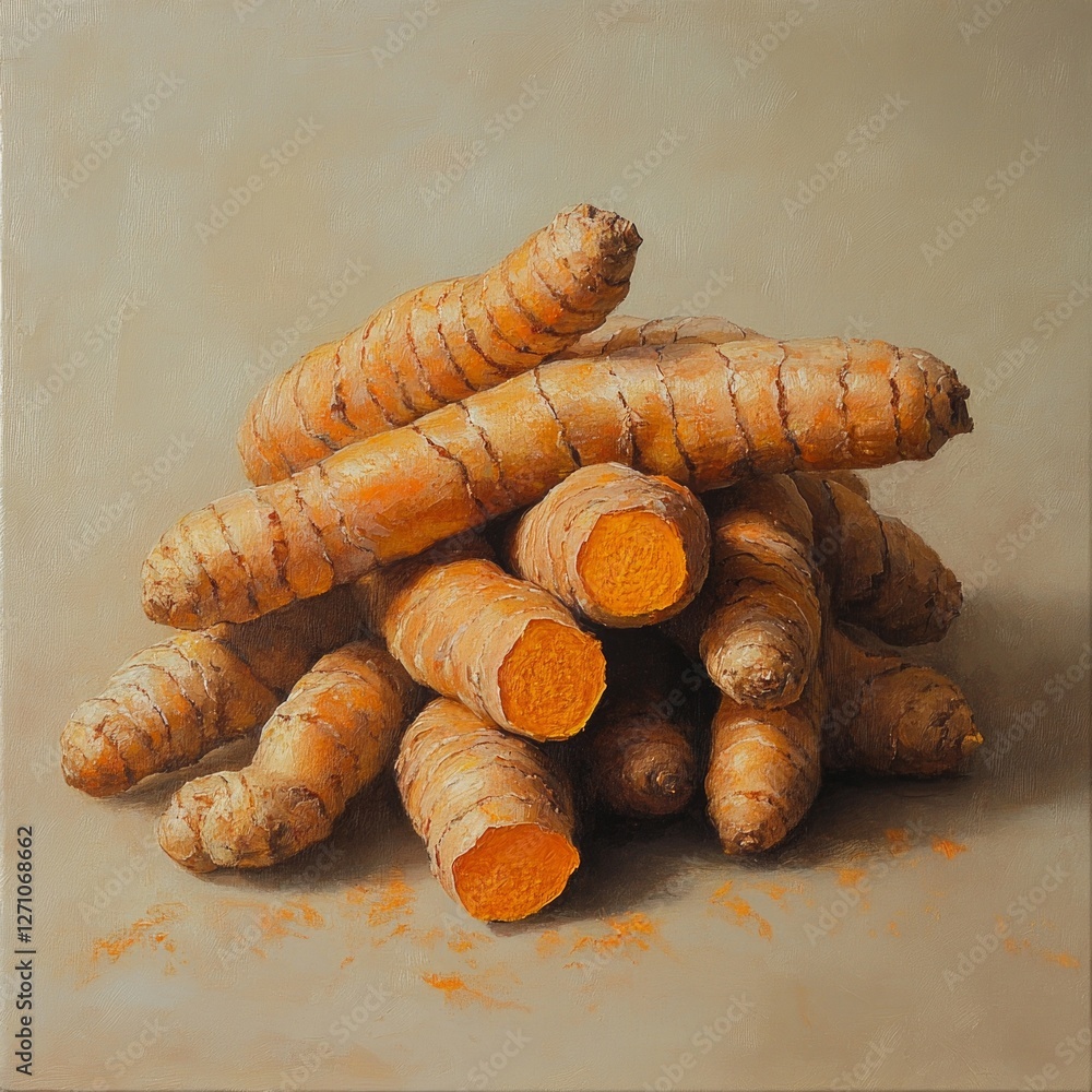 Fresh turmeric roots piled on a neutral background highlighting vibrant orange interiors