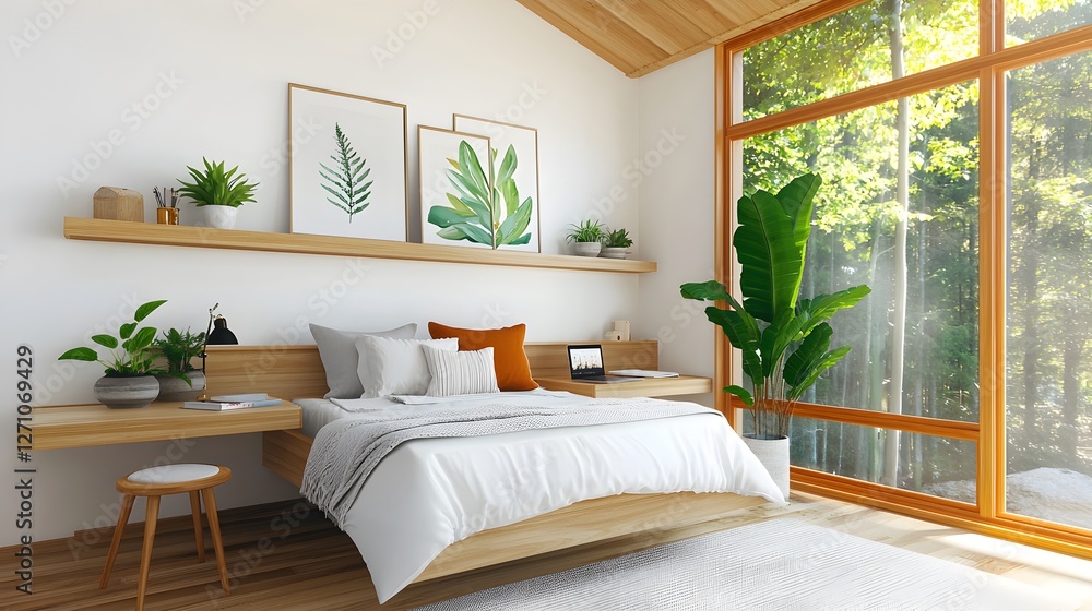 a cozy and bright bedroom with a large window, plants, and simple decor creating a serene and inviting space a cozy and bright bedroom with a large window, plants, and simple decor creating a serene and inviting space