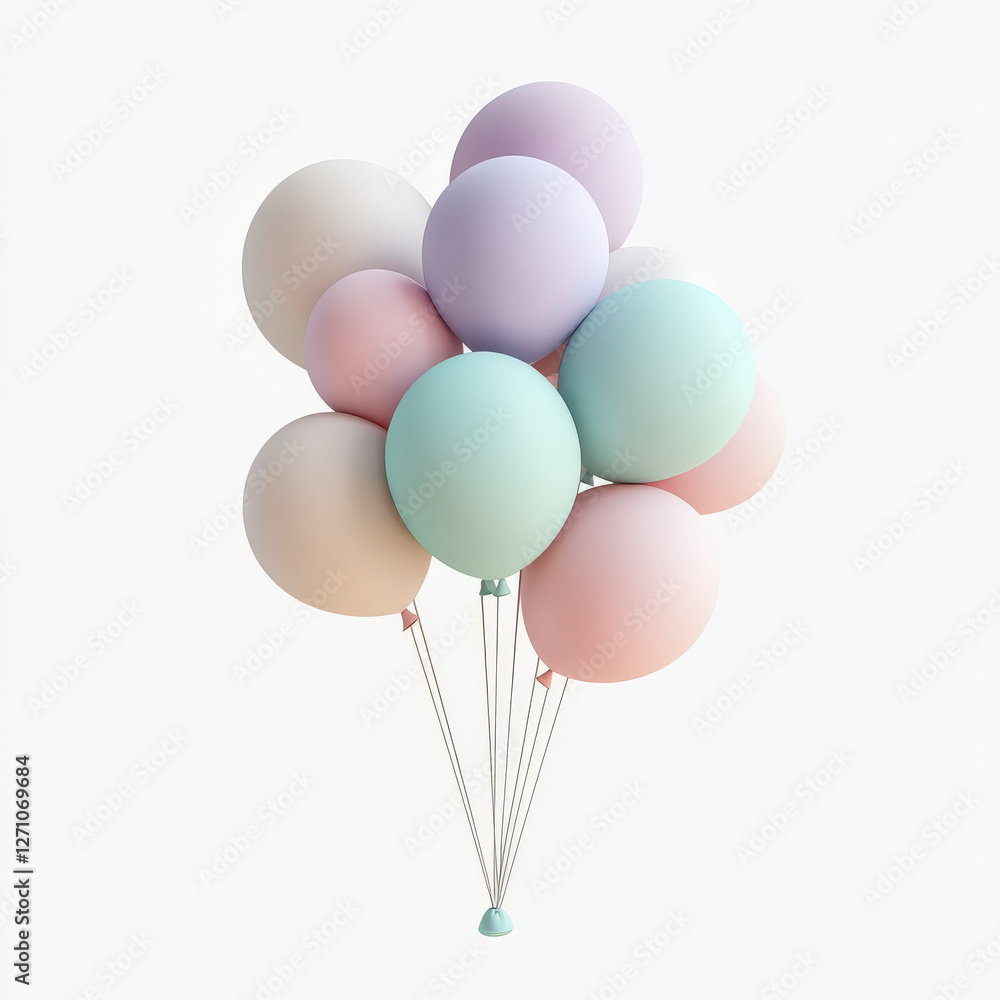 globos fllotando agarrados con cuerdas sobre fondo blanco, en tonos pstel rosa, purpura, azul y amarillo. Concepto cumpleaños y celebraciones globos fllotando agarrados con cuerdas sobre fondo blanco, en tonos pstel rosa, purpura, azul y amarillo. Concepto cumpleaños y celebraciones