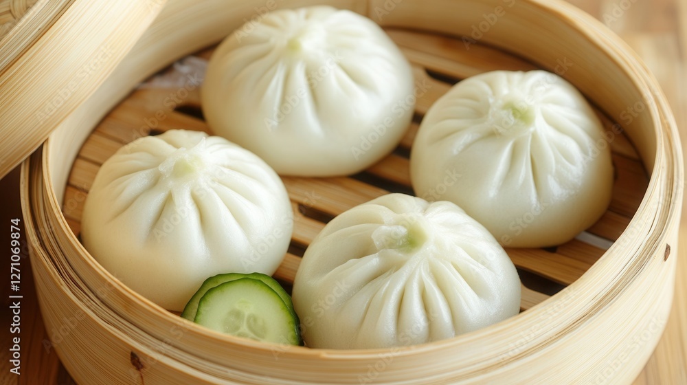 soft and fluffy steamed bao buns filled with savory pork, fresh cucumber slices, and hoisin sauce, arranged in a bamboo steamer. soft and fluffy steamed bao buns filled with savory pork, fresh cucumber slices, and hoisin sauce, arranged in a bamboo steamer.