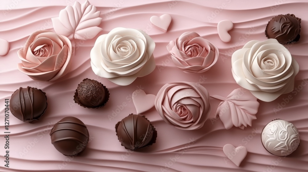 A sophisticated and romantic Valentine's Day table arrangement showcasing red roses, heart-shaped candles, and a dish of delicious chocolate treats, all set against a pastel pink background with a A sophisticated and romantic Valentine's Day table arrangement showcasing red roses, heart-shaped candles, and a dish of delicious chocolate treats, all set against a pastel pink background with a