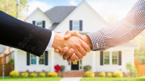 handshake in front of a house, business agreement for real estate, buying or selling a home, deal completion