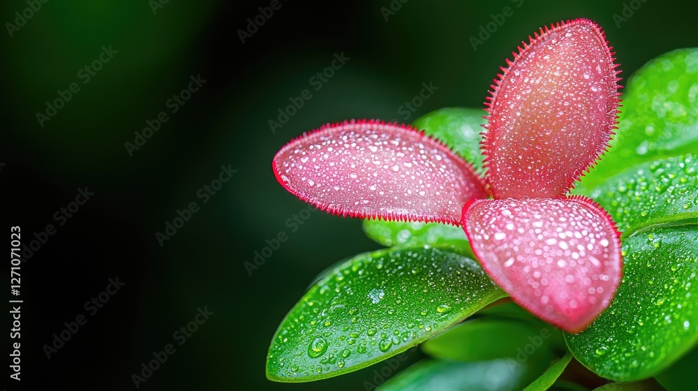 Dewy pink leaves, lush green foliage, garden closeup Dewy pink leaves, lush green foliage, garden closeup