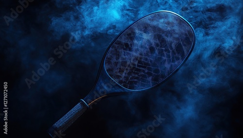 A product photo of an elegant padel paddle, the background is dark and moody with blue smoke