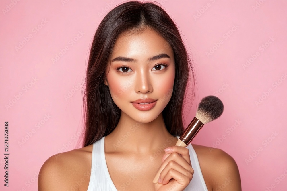Woman holding a makeup brush background cosmetics portrait. Woman holding a makeup brush background cosmetics portrait.