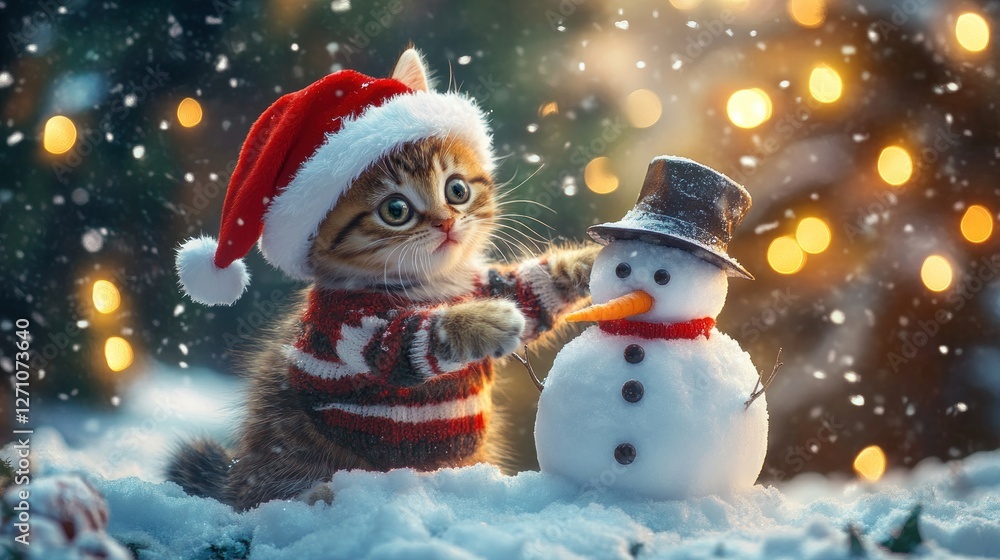 Festive kitten wearing santa hat with a cheerful snowman during christmas Festive kitten wearing santa hat with a cheerful snowman during christmas