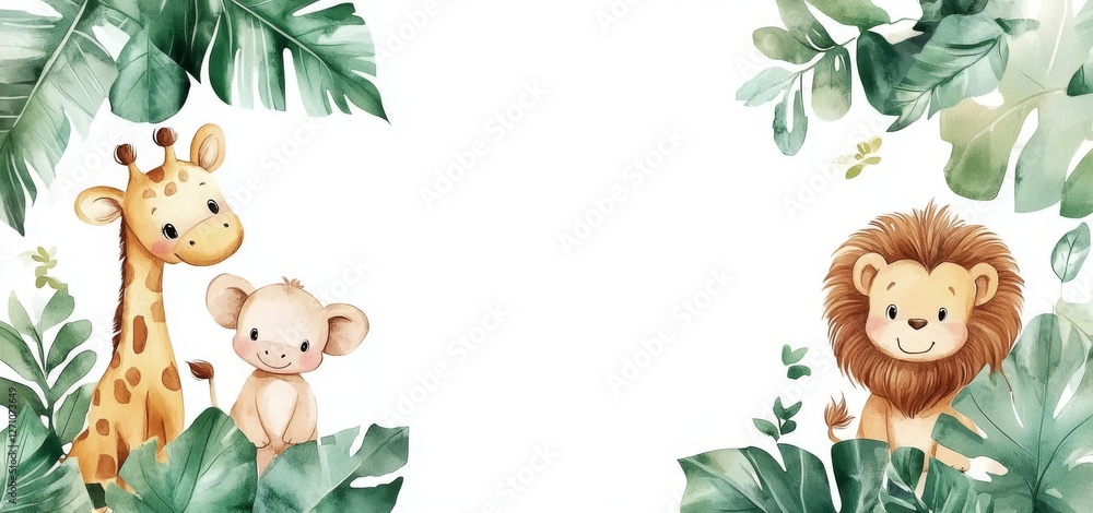 Obraz premium Soft watercolor strokes and lush green leaves surround hand-painted baby safari animals and a friendly elephant in a jungle-themed frame, resulting in a cheerful and kid-friendly composition