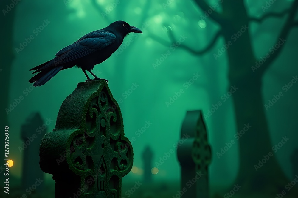 Fototapeta premium A raven perched on a Celtic gravestone, illuminated by eerie green light.