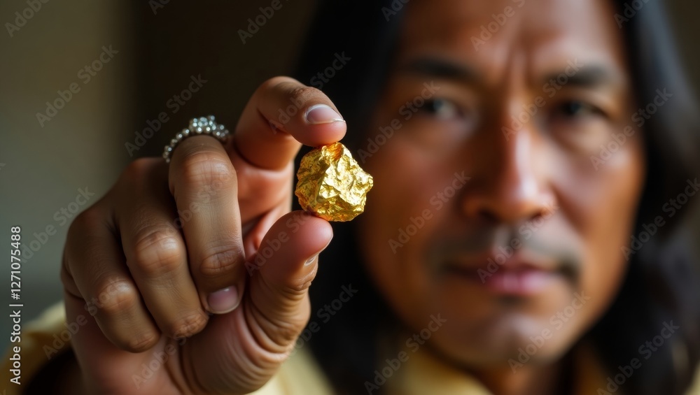 Closeup of hand holding irregular gold nugget Closeup of hand holding irregular gold nugget