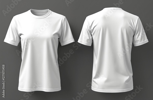 White blank t-shirt mockup. Front, back views. Round neck apparel. Clear dress template for female, male clothes. Uniform design, short sleeve fashion garment, textile clothing. Sport activewear photo