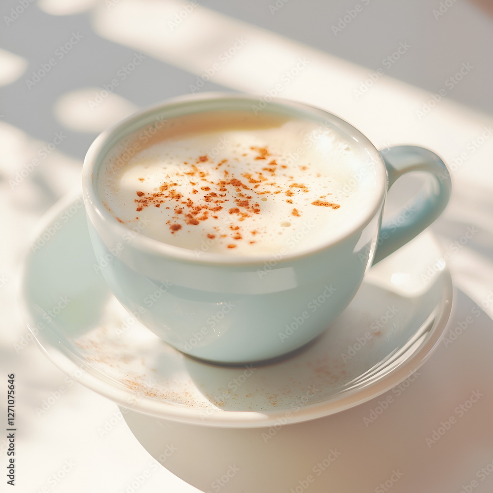 Frothy cinnamon latte in a pale blue ceramic mug, resting on a white saucer under morning light. Frothy cinnamon latte in a pale blue ceramic mug, resting on a white saucer under morning light.