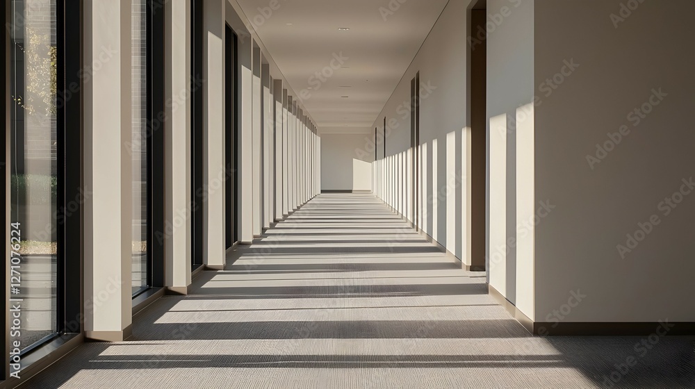 Fototapeta premium Long Modern Hallway With Sunlight Streaming Through Windows