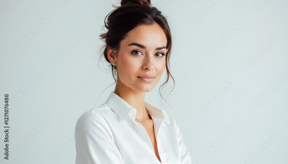 A beautiful woman with dark hair styled in an updo, wearing a white blouse and golden earrings, radiating warmth and elegance. A beautiful woman with dark hair styled in an updo, wearing a white blouse and golden earrings, radiating warmth and elegance.