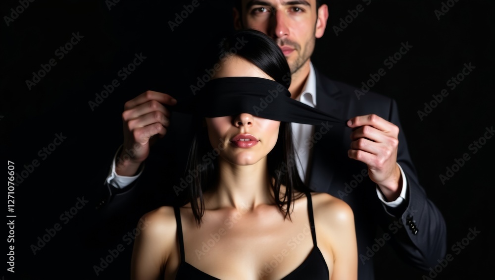 Tying the blindfold dramatic portrait of intrigue Tying the blindfold dramatic portrait of intrigue