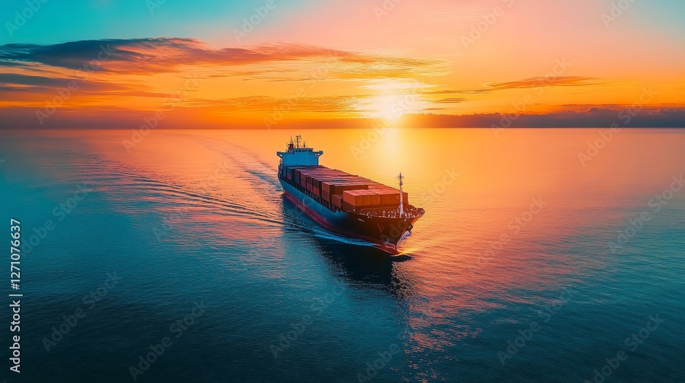 An overhead view of a container cargo ship involved in international trade, transporting goods for import and export, sailing in the open sea An overhead view of a container cargo ship involved in international trade, transporting goods for import and export, sailing in the open sea