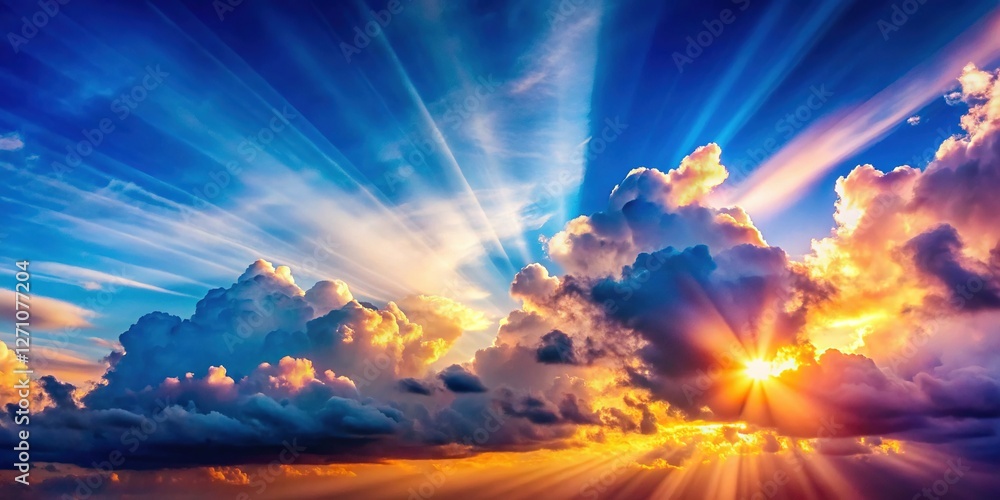 Fototapeta premium Breathtaking Sun Rays Piercing Vibrant Blue Sky and Colorful Cloudscape