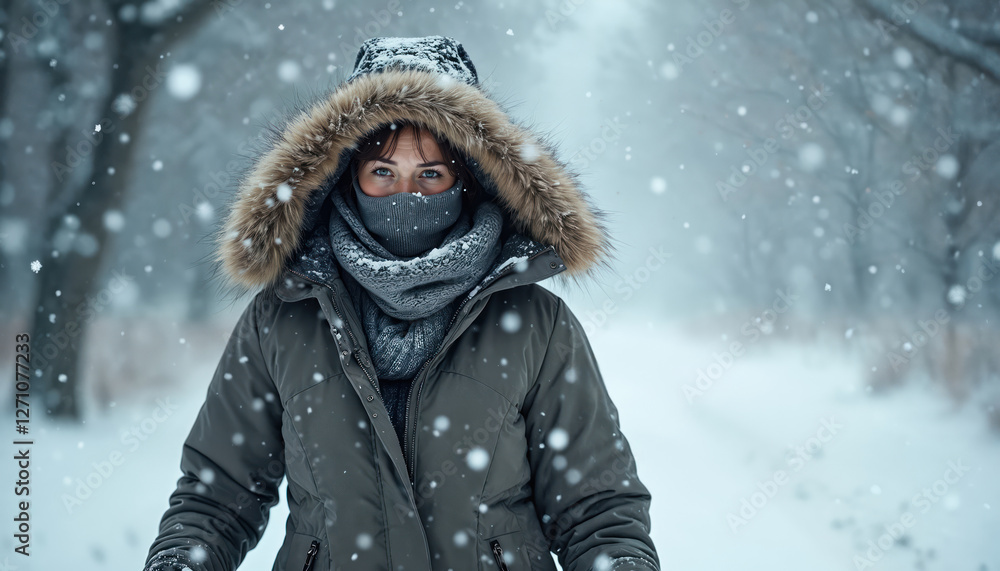 Adult woman walking alone in winter snowstorm. Braves harsh weather with bundled clothing, snowflakes swirling around. Navigates cold, snow-covered landscape on winter day wearing hooded coat. Adult woman walking alone in winter snowstorm. Braves harsh weather with bundled clothing, snowflakes swirling around. Navigates cold, snow-covered landscape on winter day wearing hooded coat.