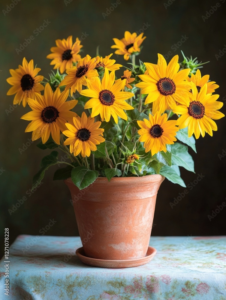 Vase of sunflowers, a bright summer floral arrangement, in shades of yellow and orange. Vase of sunflowers, a bright summer floral arrangement, in shades of yellow and orange.