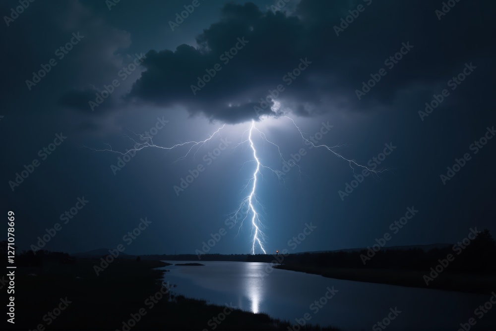 Lightning bolt striking near river at night under stormy clouds Lightning bolt striking near river at night under stormy clouds