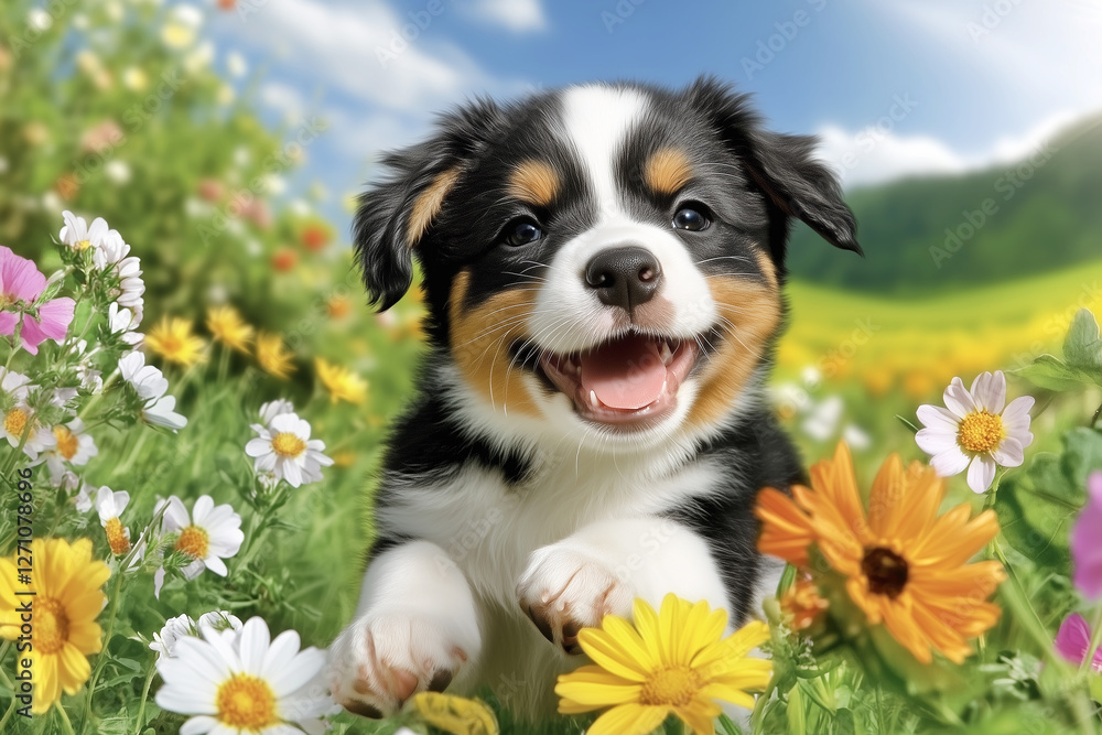 Happy puppy playing among wildflowers on a sunny day Happy puppy playing among wildflowers on a sunny day
