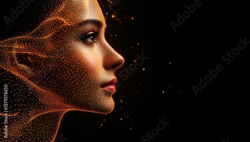 A 3D depiction of a woman's face featuring dotted lines that trace the course of a skin-tightening treatment, showcasing a sleek and refined jawline photo