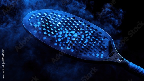 A product photo of an elegant padel paddle, the background is dark and moody with blue smoke