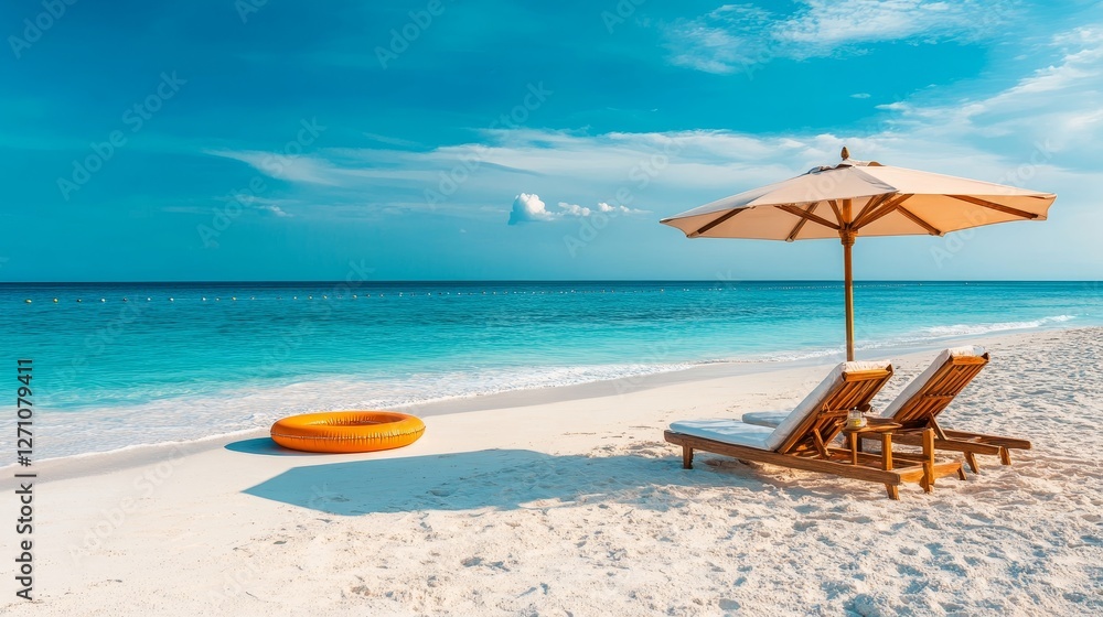 Beach umbrella with chairs, inflatable ring on beach sand. summer vacation concept. 3d rendering Beach umbrella with chairs, inflatable ring on beach sand. summer vacation concept. 3d rendering