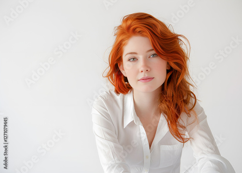 Portret rudowłosej kobiety w białej koszuli na jasnym tle.