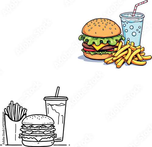 Delicious cheeseburger menu with french fries and soda, both colored and line art