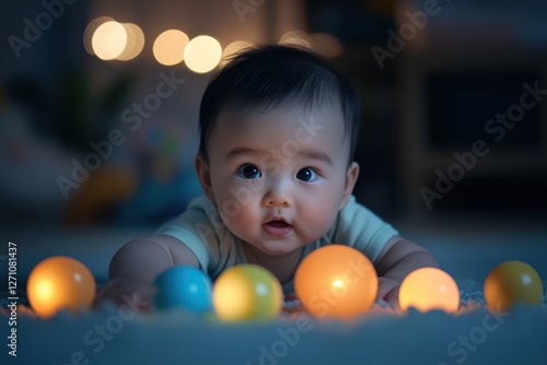 Baby Enjoying Colorful Lights in a Cozy Indoor Environment