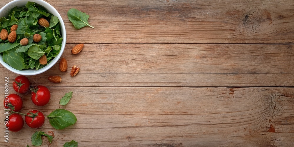 A fresh salad with greens, cherry tomatoes, and almonds in a bowl on a rustic wooden table, creating a healthy and appetizing scene. A fresh salad with greens, cherry tomatoes, and almonds in a bowl on a rustic wooden table, creating a healthy and appetizing scene.