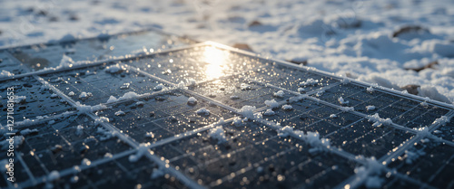 A single solar panel with a thin layer of ice glistening under direct sunlight, with reflections