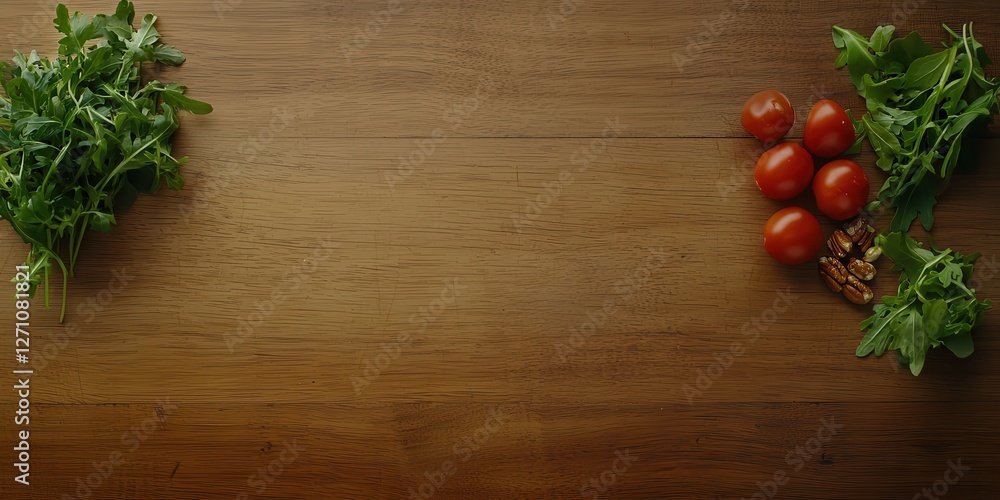 Fresh greens and cherry tomatoes arranged on a wooden surface, creating a vibrant and healthy food composition. Fresh greens and cherry tomatoes arranged on a wooden surface, creating a vibrant and healthy food composition.