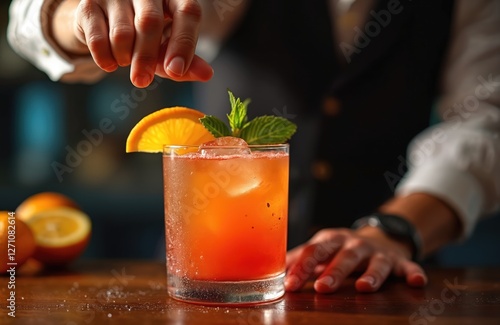 Bartender prepares vibrant rum punch cocktail at bar. Person mixing refreshing alcohol drink with ice, orange slice, mint garnish. Sweet mixed beverage preparation at counter, nightlife scene.