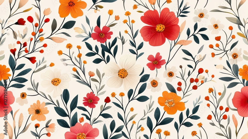Background pattern cute flower concept. Charming Floral Pattern of Meadow Daisies and Wildflowers in Vibrant Springtime Colors Background pattern cute flower concept. Charming Floral Pattern of Meadow Daisies and Wildflowers in Vibrant Springtime Colors