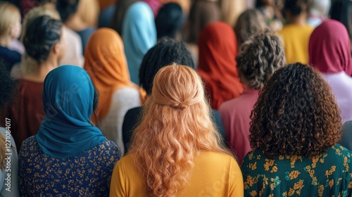 A diverse group of women from various cultural backgrounds gather together in unity, creating an inclusive community for peace and human rights.
