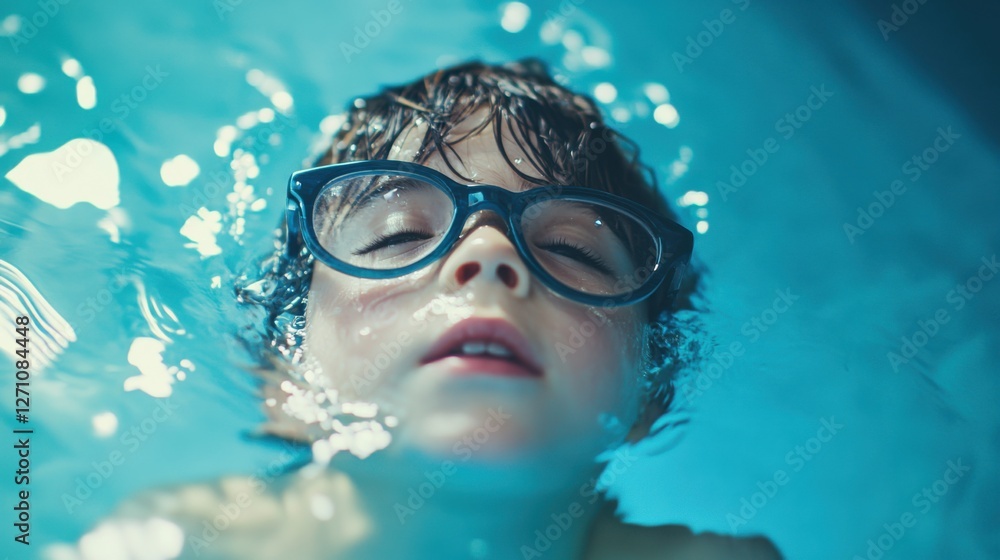 Naklejka premium Myopia prevention with a child wearing glasses swimming in a pool. Sports, wellness, and eye health