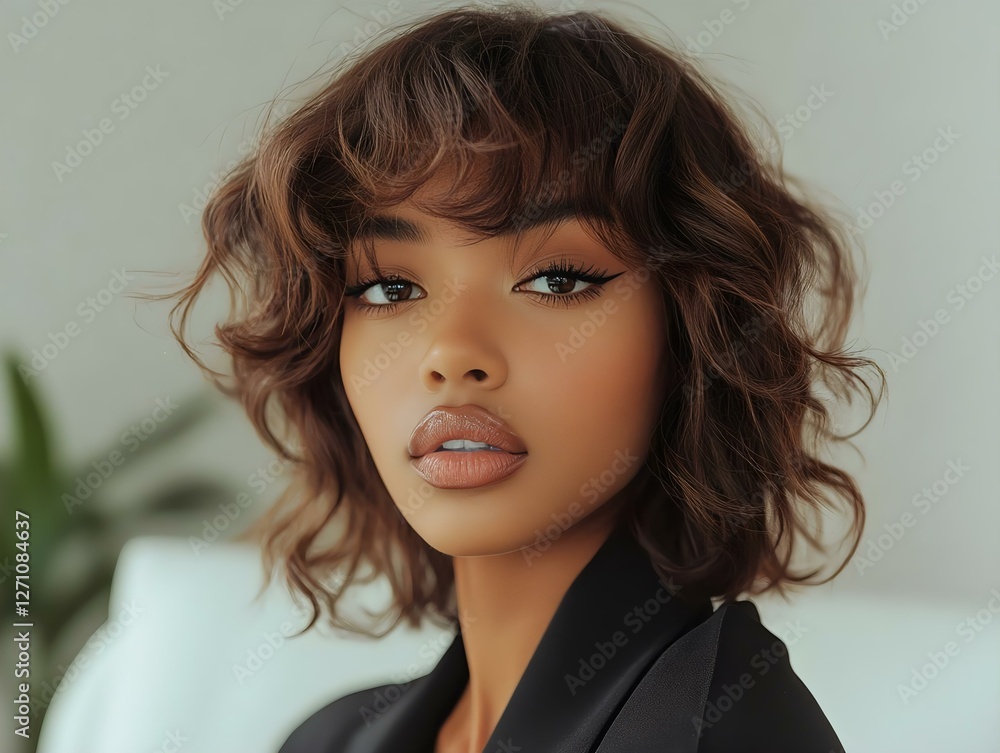 Stylish young woman with curly hair and natural makeup, exuding confidence and beauty in a minimalist setting. Stylish young woman with curly hair and natural makeup, exuding confidence and beauty in a minimalist setting.
