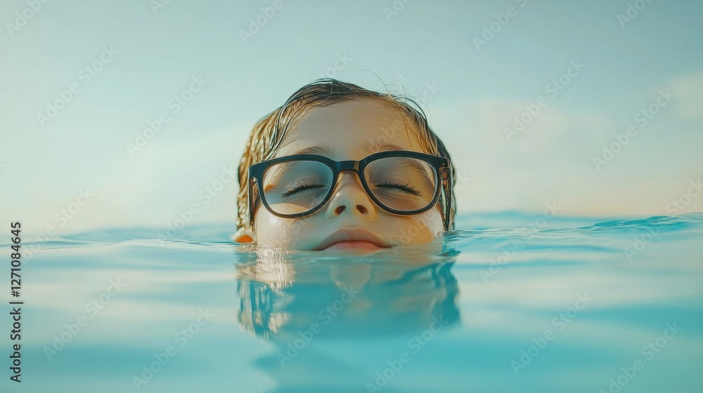 Naklejka premium Myopia prevention with a child wearing glasses swimming in an outdoor pool. Sports, fitness, and eye health