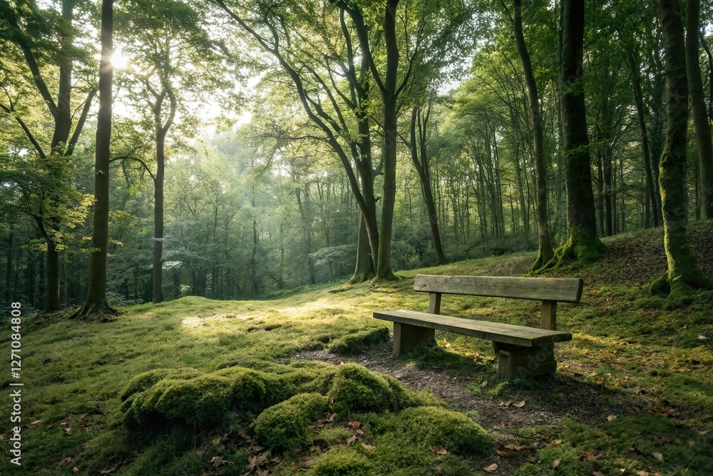 Wooden bench in peaceful forest. Tranquil nature retreat Wooden bench in peaceful forest. Tranquil nature retreat