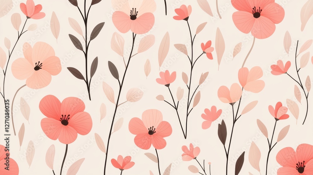 Background pattern cute flower concept. Minimalist Floral Line Art with Simple Blooms and Leaves Background pattern cute flower concept. Minimalist Floral Line Art with Simple Blooms and Leaves