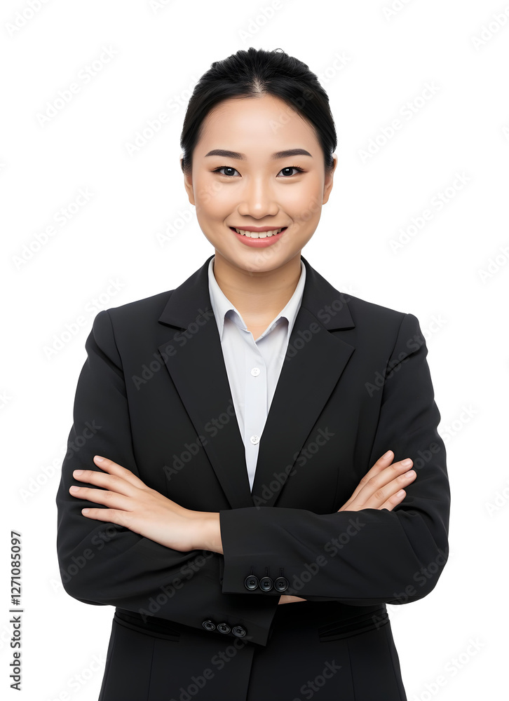 Smiling Asian businesswoman in an elegant suit, looking confident, isolated on a white background Smiling Asian businesswoman in an elegant suit, looking confident, isolated on a white background