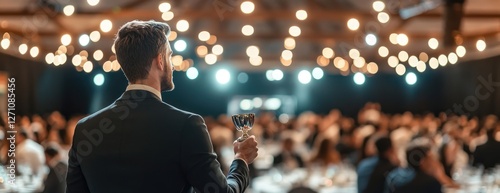 Man accepts award at gala.  Celebration, lights, banquet