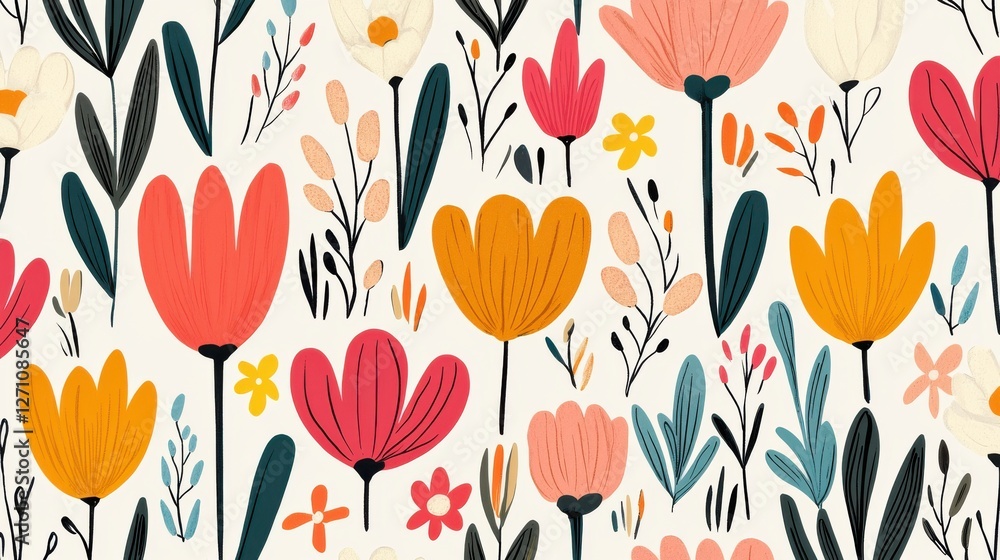 Background pattern cute flower concept. Playful Cartoon Floral Pattern with Colorful Tulips and Daisies Background pattern cute flower concept. Playful Cartoon Floral Pattern with Colorful Tulips and Daisies